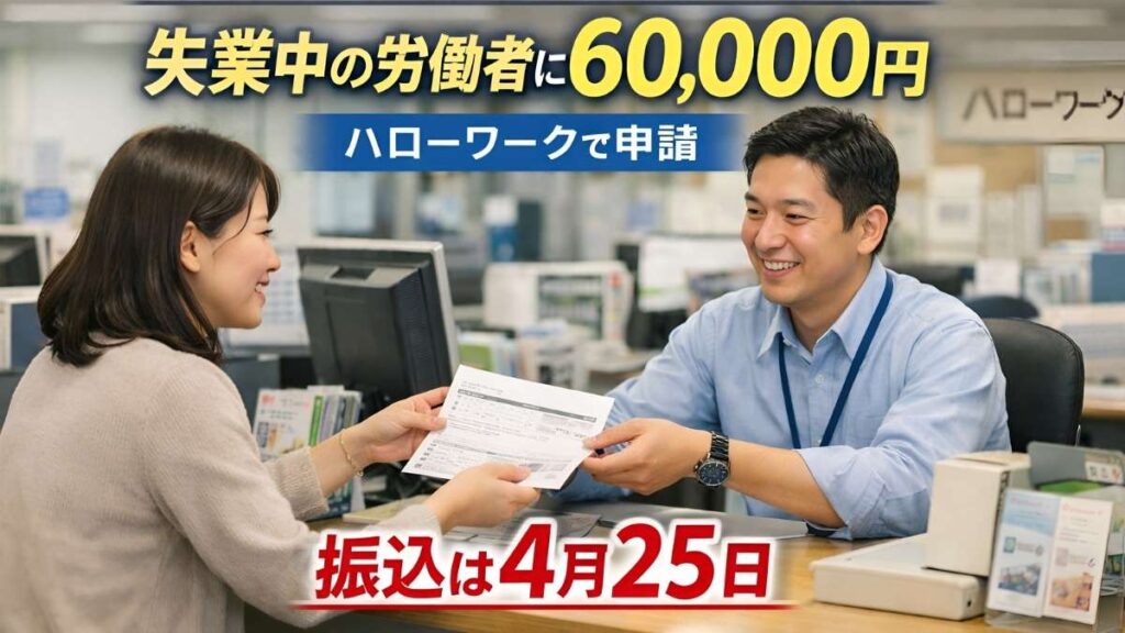 失業者支援金2026年4月: 失業中の労働者に60,000円 Hello Workで申請 振込は4月25日
