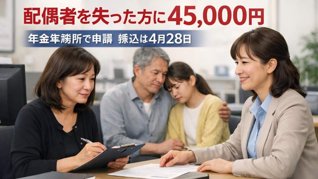 遺族年金特別給付2026年4月: 配偶者を失った方に45,000円 年金事務所で申請 振込は4月28日